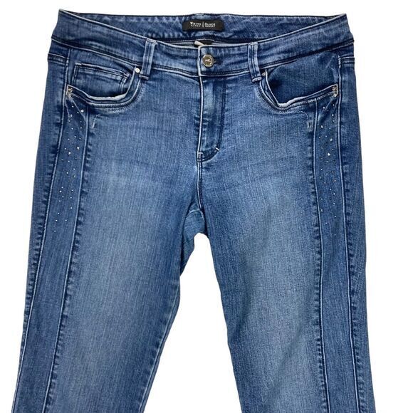 White House Black Market Jeans 10 Blue Blanc Rhinestone Beads Slim Crop Denim - Picture 2 of 13